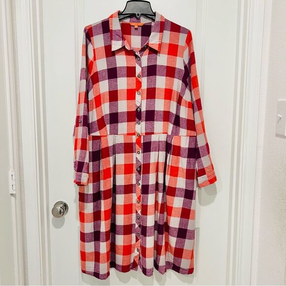Modcloth Women's Flannel Jam Midi Dress with Pockets Size 24 Purple/Orange Plaid - Picture 2 of 12